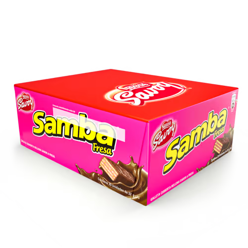 SAMBA® Oblea Rellena de Fresa Cubierta de Chocolate Display 20 unidades de 32 gr c/u