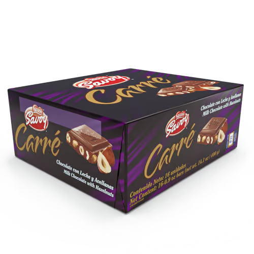 SAVOY® CARRÉ Mini Chocolate con Leche y Avellanas con Avellanas Display 16 Unidades de 25 g c/u