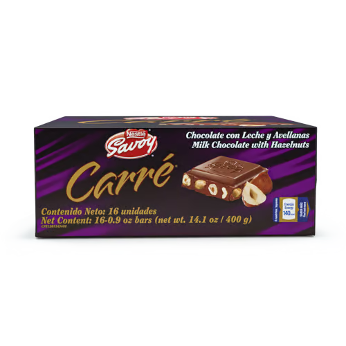 SAVOY® CARRÉ Mini Hazelnut Milk Chocolate with Hazelnuts Display 16 Units of 25 g