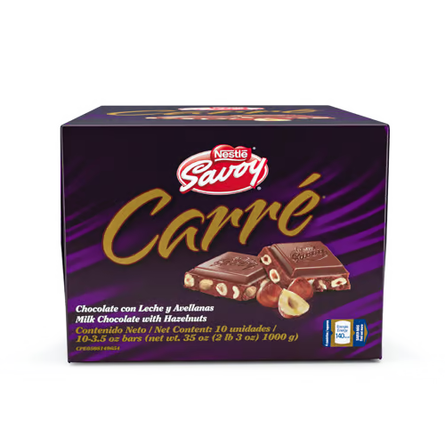 [1000007] SAVOY® CARRÉ Hazelnuts Milk Chocolate with Hazelnuts Display 10 Units of 100 g