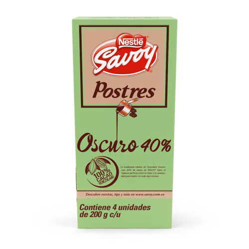 [1000088] SAVOY® Dessert Chocolate 40% Cocoa Display 4 Units of 200 g