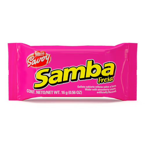 [1000089] SAMBA® Oblea Sabor Fresa Cubierta de Chocolate con Relleno Bolsa de 35 unidades de 16 gr c/u